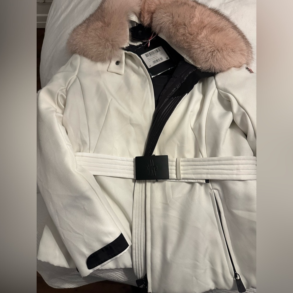 Moncler White Jacket with Pink Fur Collar